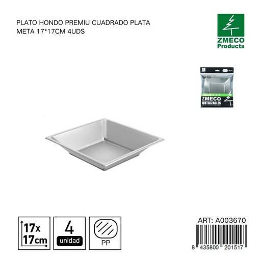 [A003670] Plato hondo premium cuadrado plata metal 17x17 cm - Paquete de 4 unidades