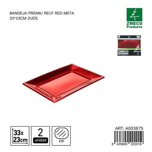 [A003675] Bandeja premium reutilizable rojo metal 33x23 cm - Paquete de 2 unidades