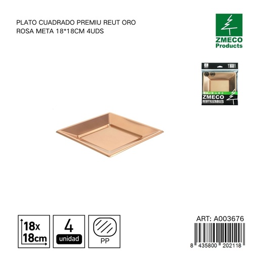 [A003676] Plato cuadrado premium reutilizable oro rosa metal 18x18 cm - Paquete de 4 unidades