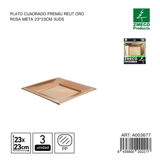 [A003677] Plato cuadrado premium reutilizable oro rosa metal 23x23 cm - Paquete de 3 unidades