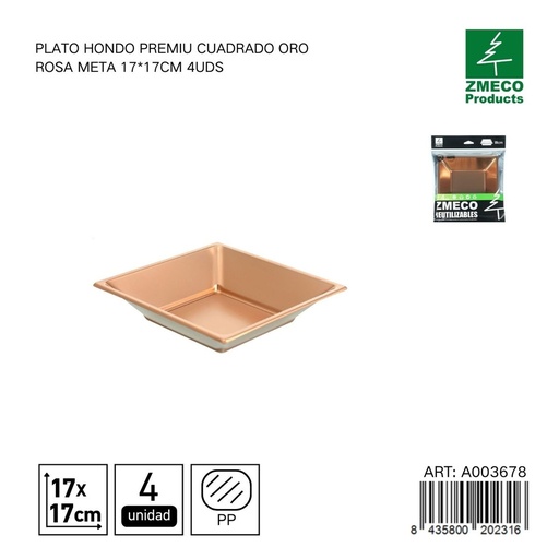 [A003678] Plato hondo premium cuadrado oro rosa metal 17x17 cm - Paquete de 4 unidades