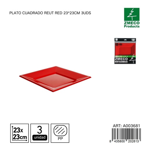 [A003681] Plato cuadrado reutilizable rojo 23x23 cm - Paquete de 3 unidades
