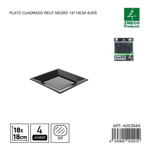 [A003684] Plato cuadrado reutilizable negro 18x18 cm - Paquete de 4 unidades
