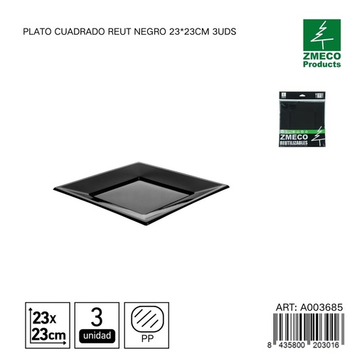 [A003685] Plato cuadrado reutilizable negro 23x23 cm - Paquete de 3 unidades
