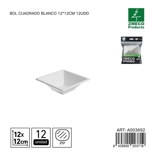 [A003692] Bol cuadrado blanco 12x12 cm - Paquete de 12 unidades
