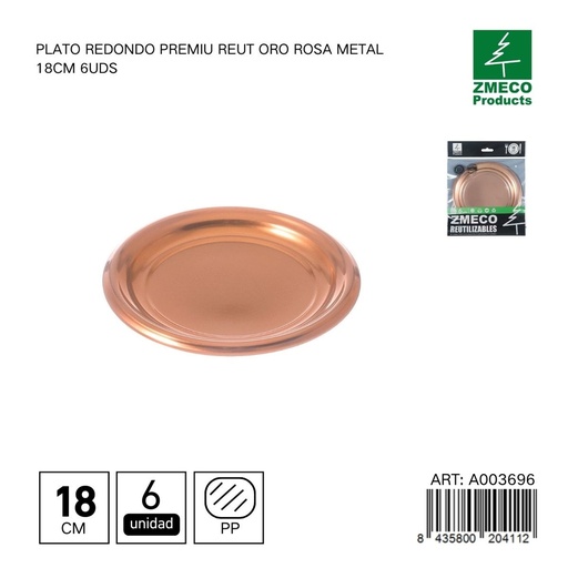 [A003696] Plato redondo premium reutilizable oro rosa metal 18 cm - Paquete de 6 unidades