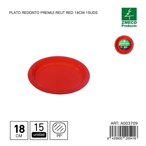 [A003709] Plato redondo de plástico Premium reutilizable rojo 18cm 15uds - Utensilios desechables para cocina