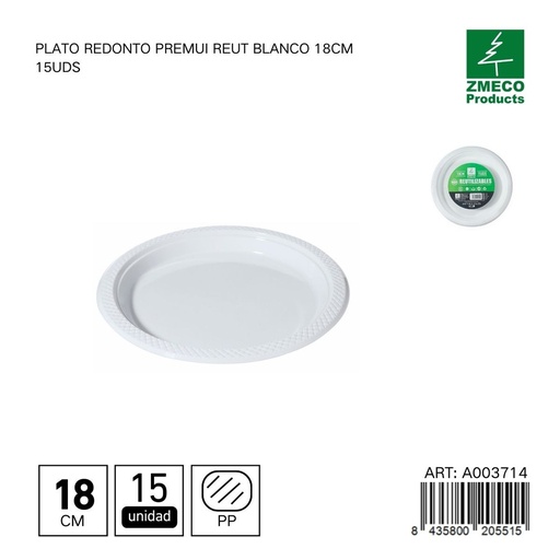 [A003714] Plato redondo de plástico Premium reutilizable blanco 18cm 15uds - Utensilios desechables para cocina