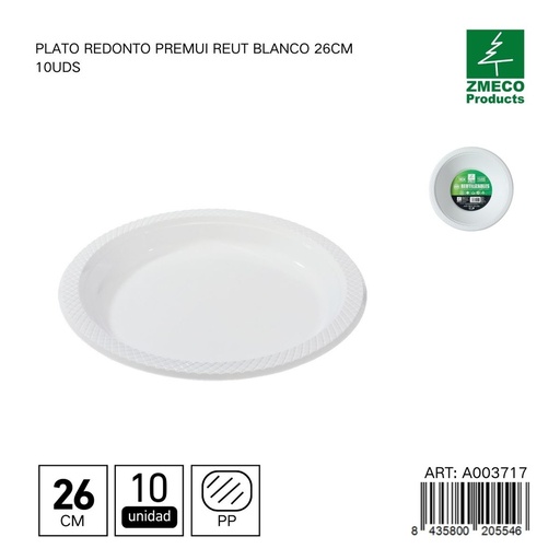[A003717] Plato redondo de plástico Premium reutilizable blanco 26cm 10uds - Utensilios desechables para cocina