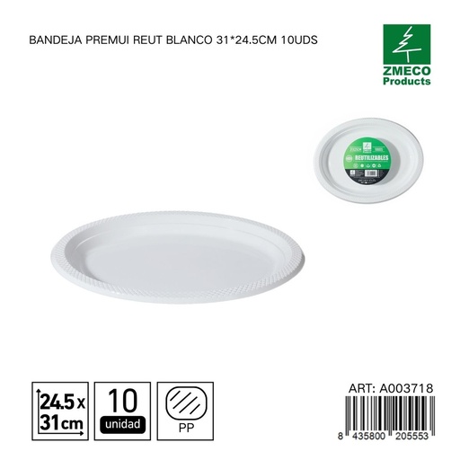 [A003718] Bandeja de plástico Premium reutilizable blanca 31*24.5cm 10uds - Utensilios desechables para cocina