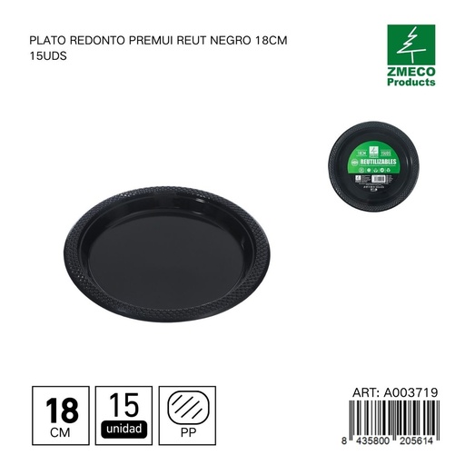 [A003719] Plato redondo de plástico Premium reutilizable negro 18cm 15uds - Utensilios desechables para cocina