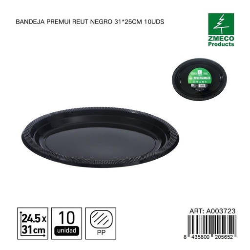 [A003723] Bandeja de plástico Premium reutilizable negra 31*25cm 10uds - Utensilios desechables para cocina