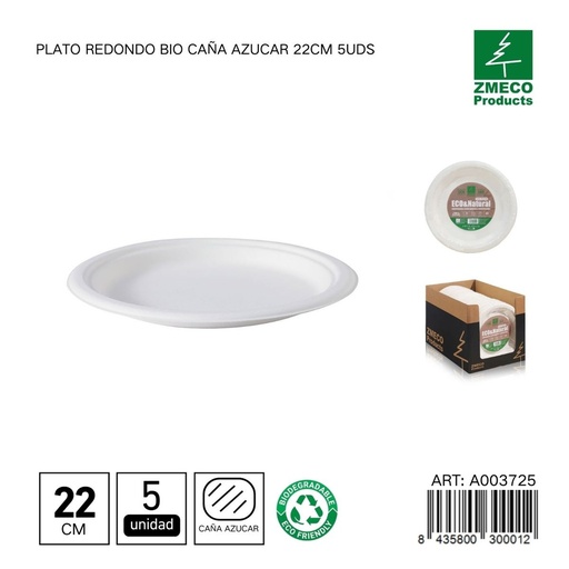 [A003725] Plato redondo biodegradable de caña de azúcar 22cm 5uds - Utensilios desechables y ecológicos