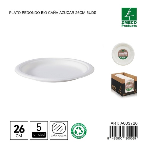 [A003726] Plato redondo biodegradable de caña de azúcar 26cm 5uds - Utensilios desechables y ecológicos