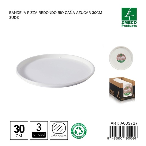 [A003727] Bandeja de pizza redonda biodegradable de caña de azúcar 30cm 3uds - Utensilios desechables y ecológicos