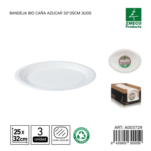 [A003729] Bandeja biodegradable de caña de azúcar 32*25cm 3uds - Utensilios desechables y ecológicos