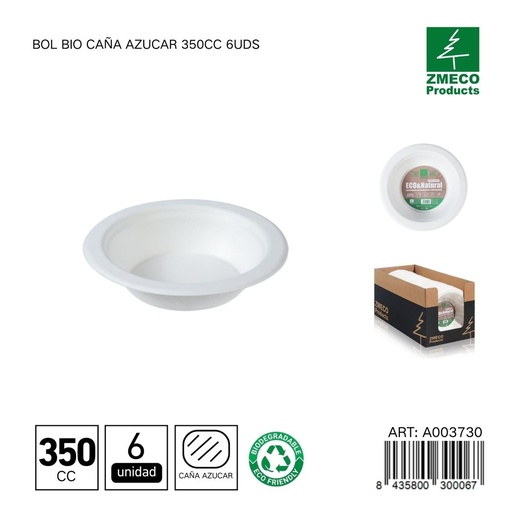 [A003730] Bol biodegradable de caña de azúcar 350cc 6uds - Utensilios desechables y ecológicos