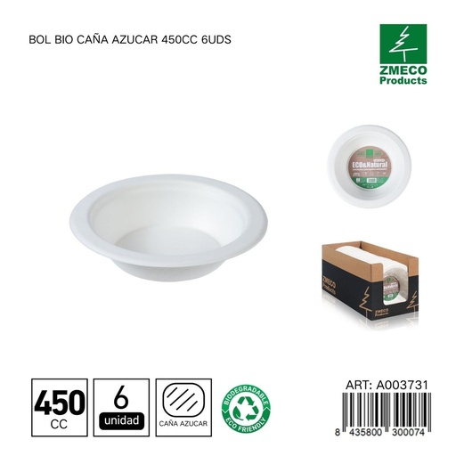 [A003731] Bol biodegradable de caña de azúcar 450cc 6uds - Utensilios desechables y ecológicos