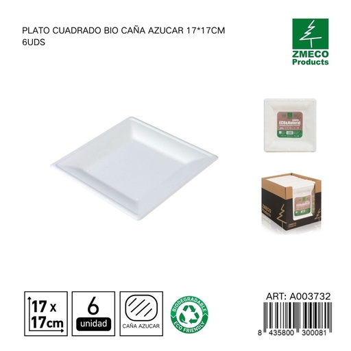[A003732] Plato cuadrado biodegradable de caña de azúcar 17*17cm 6uds - Utensilios desechables y ecológicos