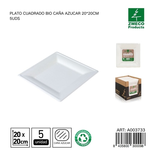 [A003733] Plato cuadrado biodegradable de caña de azúcar 20*20cm 5uds - Utensilios desechables y ecológicos
