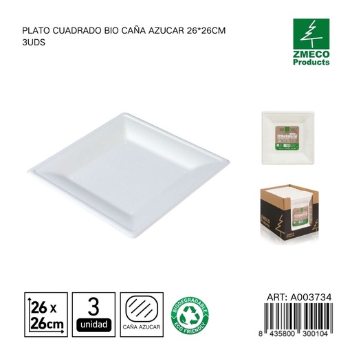 [A003734] Plato cuadrado biodegradable de caña de azúcar 26*26cm 3uds - Utensilios desechables y ecológicos