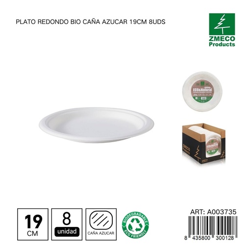 [A003735] Plato redondo biodegradable de caña de azúcar 19cm 8uds - Utensilios desechables y ecológicos