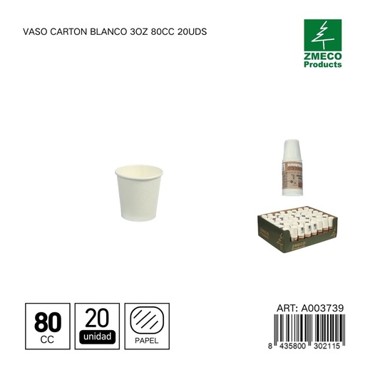 [A003739] Vaso de cartón blanco 3oz 80cc 20uds - Utensilios desechables para bebidas
