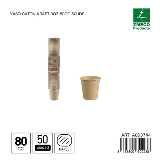 [A003744] Vaso carton kraft 3oz 80cc 50uds - Utensilios desechables para bebidas