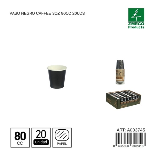 [A003745] Vaso negro para café 3oz 80cc 20uds - Utensilios desechables para bebidas