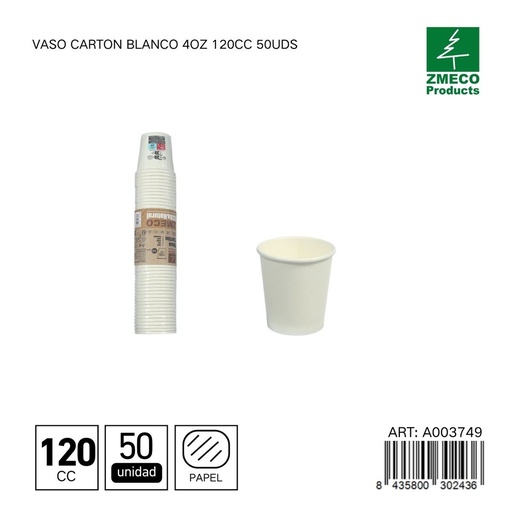 [A003749] Vaso de cartón blanco con tapa 4oz 120cc 50uds - Utensilios desechables para bebidas