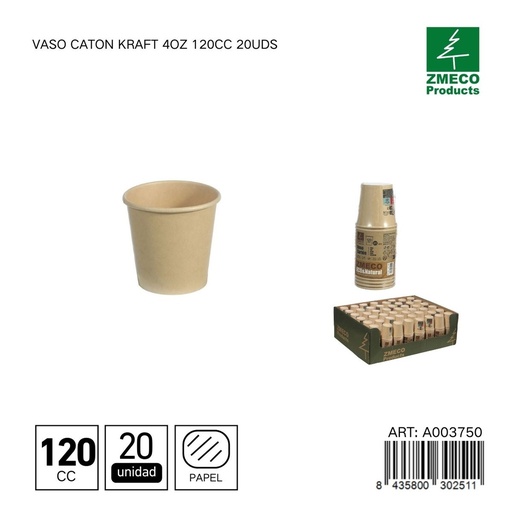 [A003750] Vaso carton kraft con tapa 4oz 120cc 20uds - Utensilios desechables para bebidas