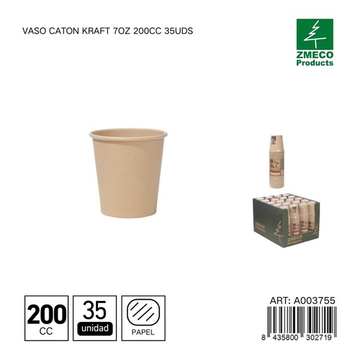 [A003755] Vaso carton kraft 7oz 200cc 35uds - Utensilios desechables para bebidas