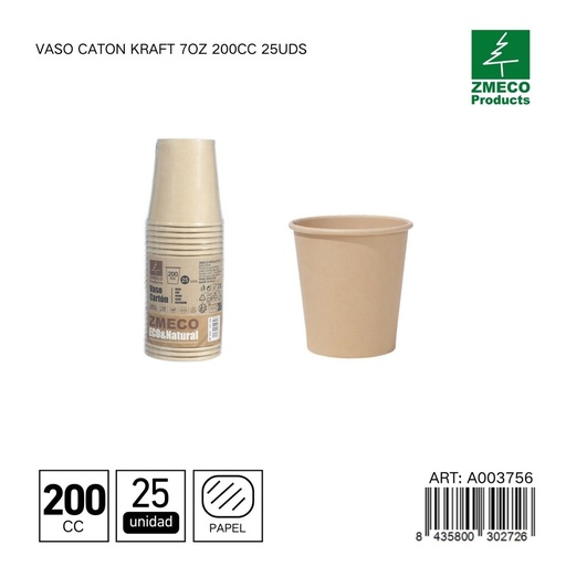 [A003756] Vaso carton kraft 7oz 200cc 25uds - Utensilios desechables para bebidas