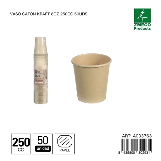 [A003763] Vaso carton kraft 8oz 250cc 50uds - Utensilios desechables para bebidas