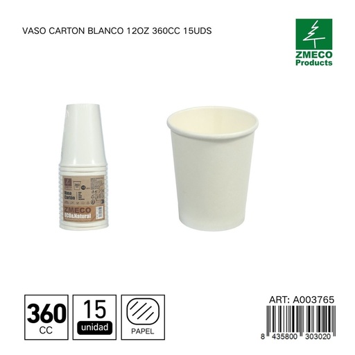 [A003765] Vaso de cartón blanco 12oz 360cc 15uds - Utensilios desechables para bebidas