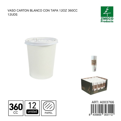 [A003766] Vaso de cartón blanco con tapa 12oz 360cc 12uds - Utensilios desechables para bebidas