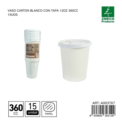 [A003767] Vaso de cartón blanco con tapa 12oz 360cc 15uds - Utensilios desechables para bebidas