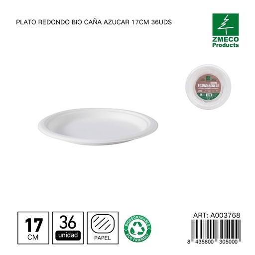 [A003768] Plato redondo biodegradable de caña de azúcar 17cm 36uds - Utensilios desechables y ecológicos