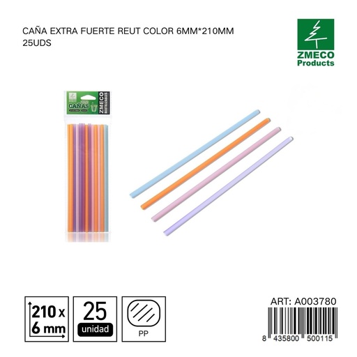 [A003780] Caña extra fuerte reutilizable de color 6mm*210mm 25uds - Productos de cocina desechables