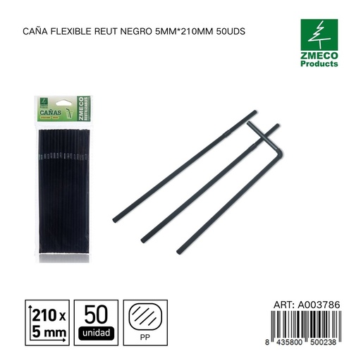 [A003786] Caña flexible reutilizable negra 5mm*210mm 50uds - Accesorios de cocina y cocteles