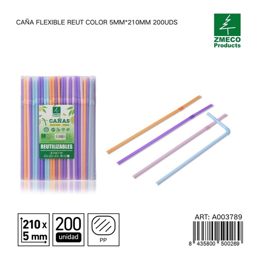 [A003789] Caña flexible reutilizable de color 5mm*210mm 200uds - Accesorios de cocina y cocteles