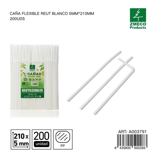 [A003791] Caña flexible reutilizable blanca 5mm*210mm 200uds - Accesorios de cocina y cocteles