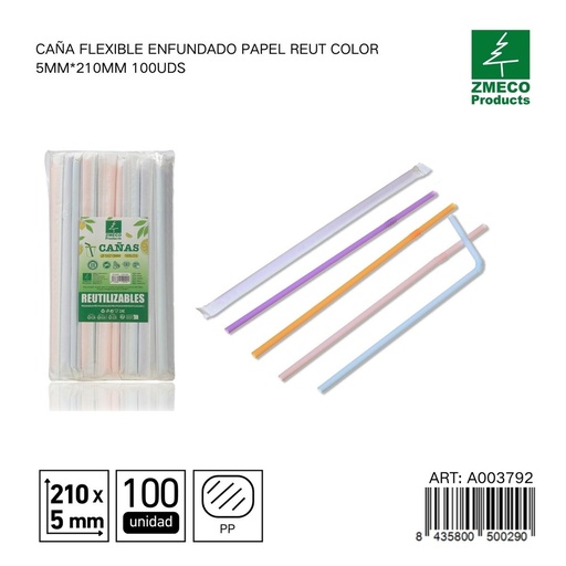 [A003792] Caña flexible de papel enfundada 5mm*210mm 100uds - Accesorios de cocina y cocteles