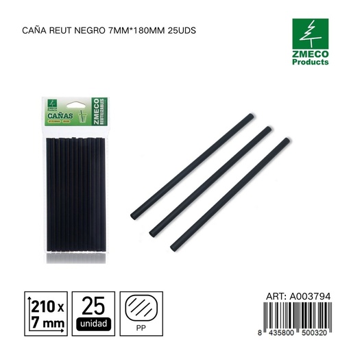 [A003794] Caña reutilizable negra 7mm*180mm 25uds - Accesorios de cocina y cocteles