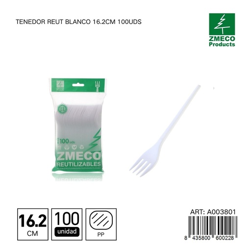 [A003801] Tenedor reutilizable blanco 16.2 cm 100 unidades - Utensilios desechables