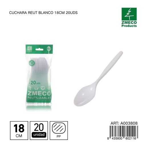 [A003808] Cuchara reutilizable blanca 18 cm 20 unidades - Utensilios desechables