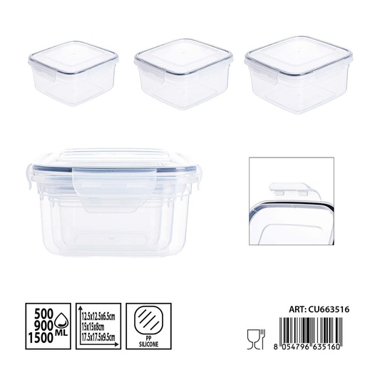 [0244865] Set de 3 contenedores herméticos cuadrados 500-900-1500 ml - Almacenamiento plástico