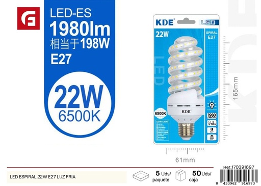 [170391697] Bombilla LED espiral 22W E27 luz fría - Iluminación LED