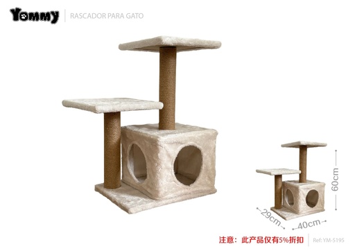 [YM5195] Rascador para gatos de tres niveles con casa 40x29x60 cm - Accesorios para mascotas