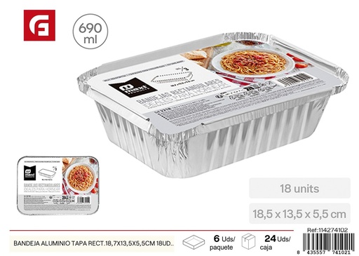 [114274102] Bandeja de aluminio tapa rectangular de 18,7x13,5x5,5 cm - Recipiente desechable (18 uds)